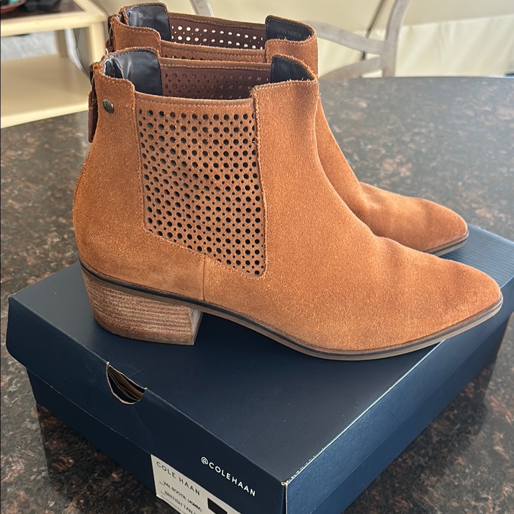 Cole Haan Tan Suede Ankle Booties with Stacked Heel